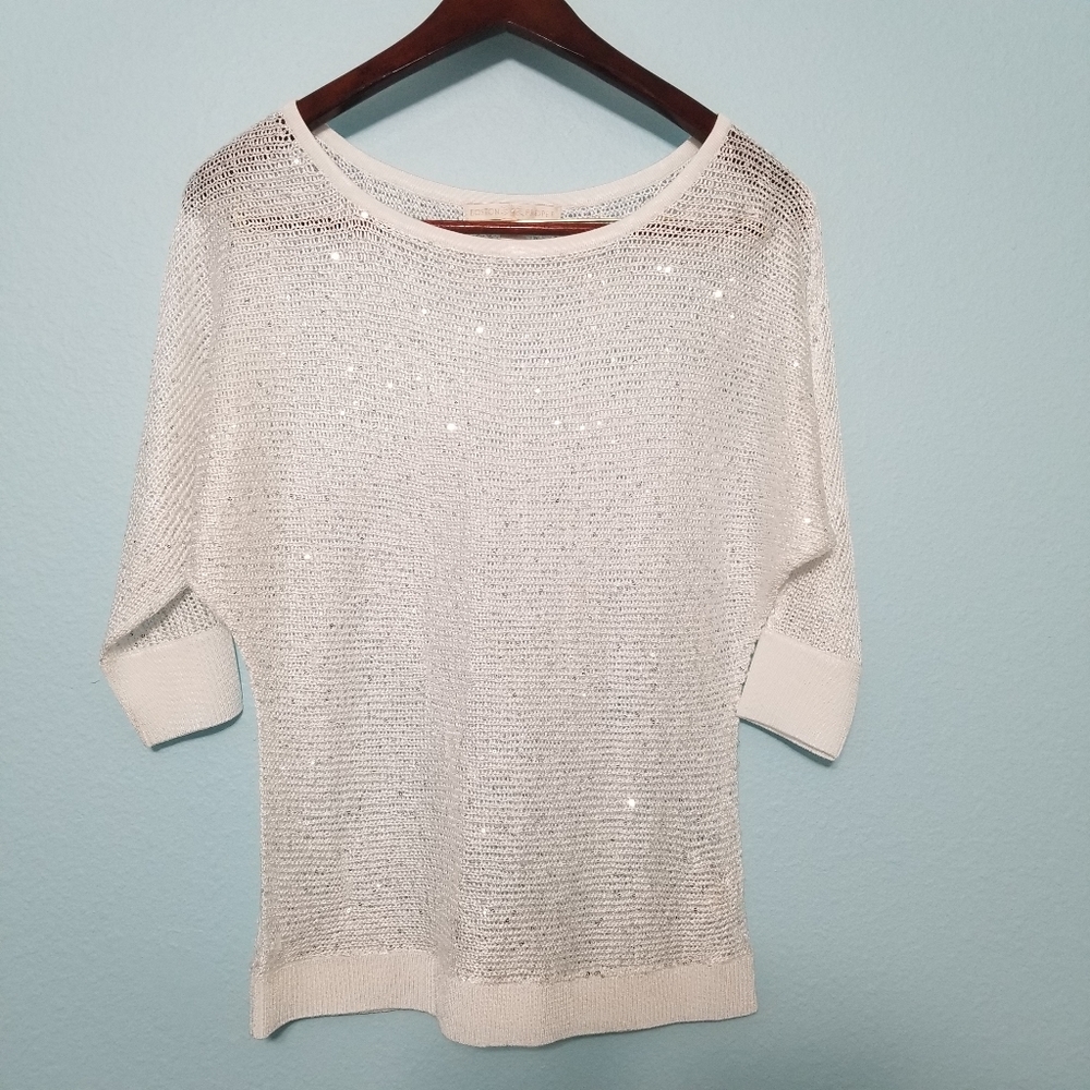 Boston Proper White Open Knit Sequin Sweater Women's Size XS